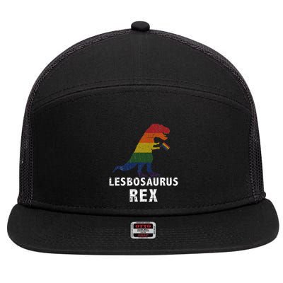 Lesbosaurus Rex Dinosaur In Rainbow Flag For Lesbian Pride 7 Panel Mesh Trucker Snapback Hat