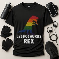 Lesbosaurus Rex Dinosaur In Rainbow Flag For Lesbian Pride Cooling Performance Crew T-Shirt