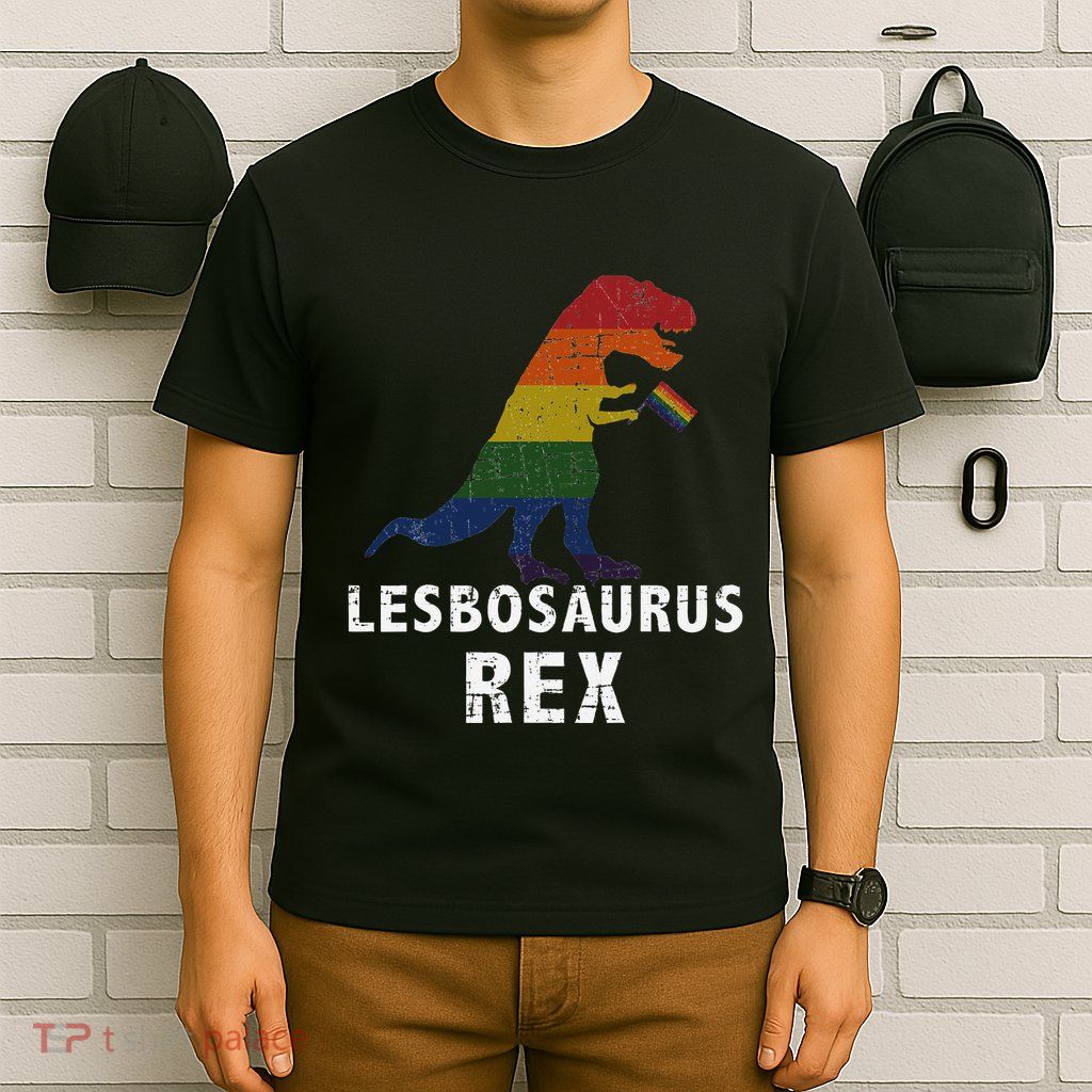Lesbosaurus Rex Dinosaur In Rainbow Flag For Lesbian Pride T-Shirt