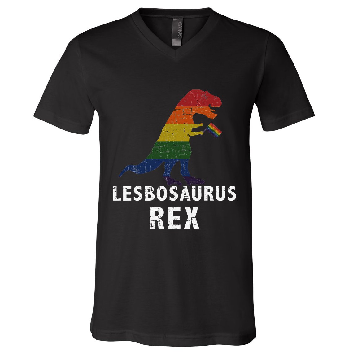 Lesbosaurus Rex Dinosaur In Rainbow Flag For Lesbian Pride V-Neck T-Shirt