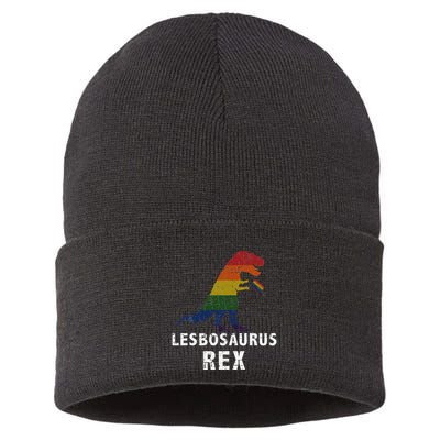 Lesbosaurus Rex Dinosaur In Rainbow Flag For Lesbian Pride Sustainable Knit Beanie