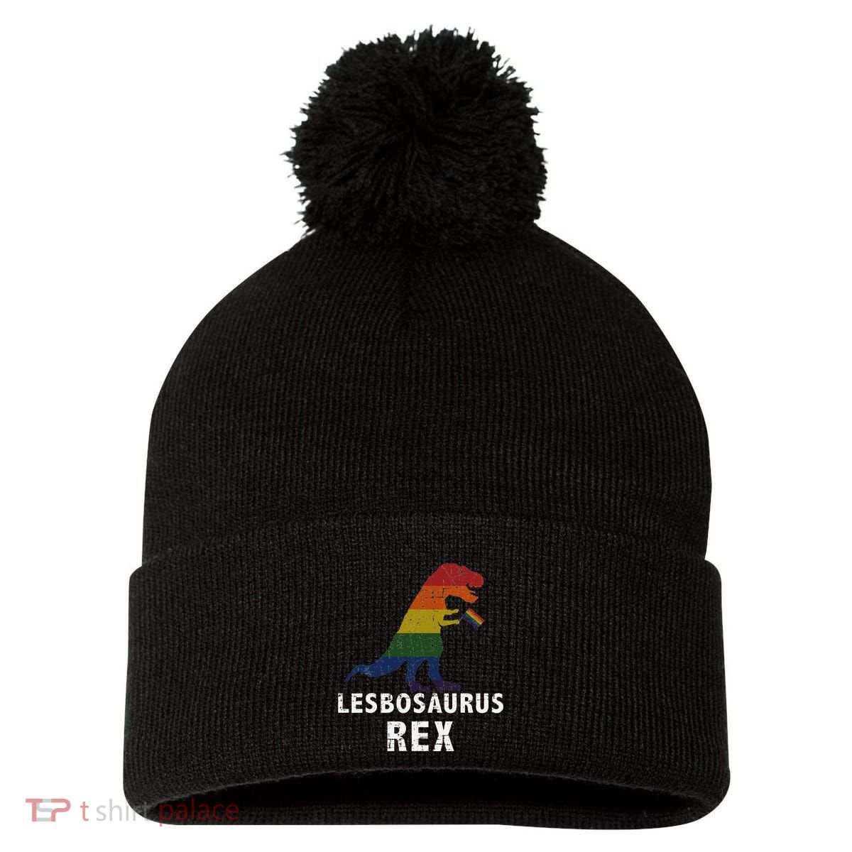 Lesbosaurus Rex Dinosaur In Rainbow Flag For Lesbian Pride Pom Pom 12in Knit Beanie