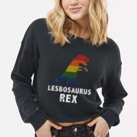 Lesbosaurus Rex Dinosaur In Rainbow Flag For Lesbian Pride Cropped Pullover Crew