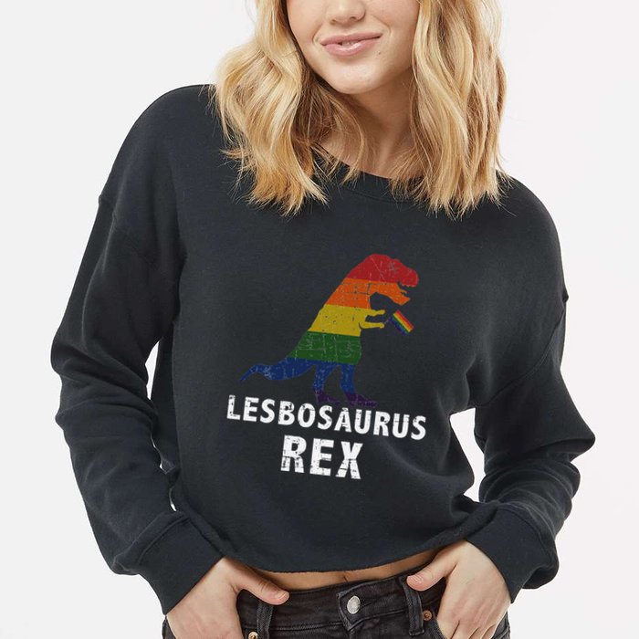 Lesbosaurus Rex Dinosaur In Rainbow Flag For Lesbian Pride Cropped Pullover Crew