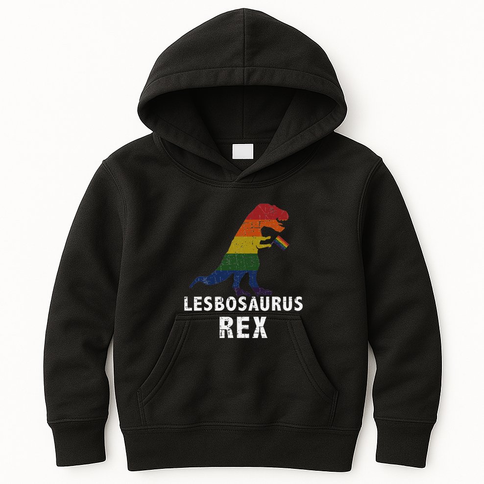 Lesbosaurus Rex Dinosaur In Rainbow Flag For Lesbian Pride Kids Hoodie