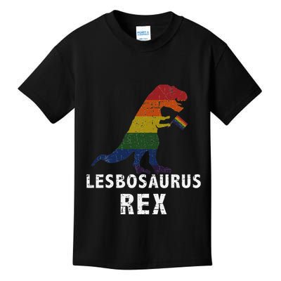 Lesbosaurus Rex Dinosaur In Rainbow Flag For Lesbian Pride Kids T-Shirt