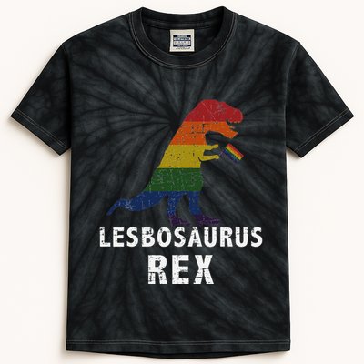 Lesbosaurus Rex Dinosaur In Rainbow Flag For Lesbian Pride Kids Tie-Dye T-Shirt