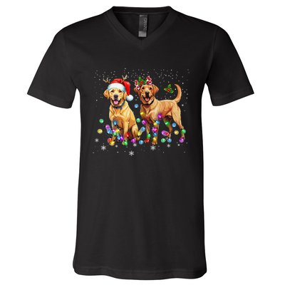 Labrador Retriever Dog Santa Hat Lights Christmas V-Neck T-Shirt