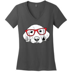 Labrador Retriever Dog With Red Glasses Puppy Dog Women's V-Neck T-Shirt