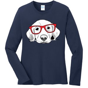 Labrador Retriever Dog With Red Glasses Puppy Dog Ladies Long Sleeve Shirt