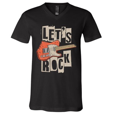 Let's Rock Electric Guitar Music Lover Band Guitarist Retro V-Neck T-Shirt