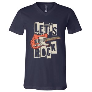 Lets Rock Electric Guitar Music Lover Band Guitarist Retro V-Neck T-Shirt