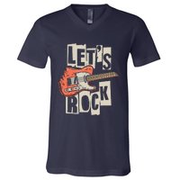 Lets Rock Electric Guitar Music Lover Band Guitarist Retro V-Neck T-Shirt