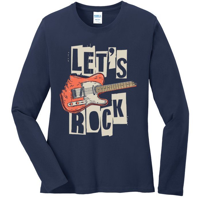 Lets Rock Electric Guitar Music Lover Band Guitarist Retro Ladies Long Sleeve Shirt