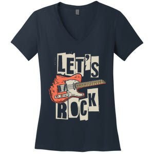 Lets Rock Electric Guitar Music Lover Band Guitarist Retro Women's V-Neck T-Shirt