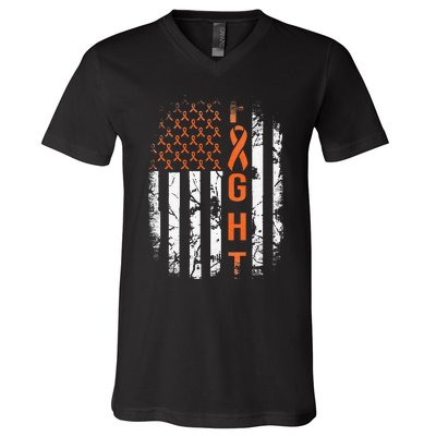 Leukemia Ribbon Fight American Flag Leukemia Awareness V-Neck T-Shirt