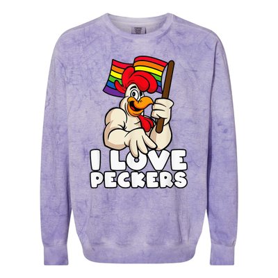 LGBT Rainbow Flag Rooster Pun I Love Peckers Gay Chicken Dad Colorblast Crewneck Sweatshirt