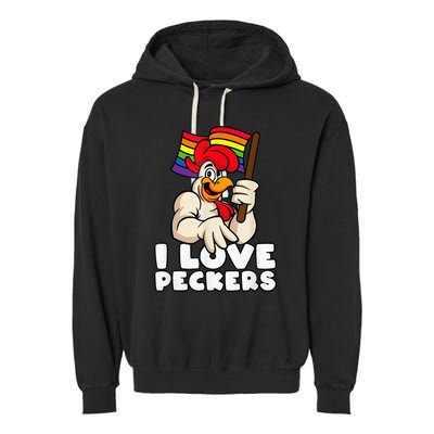 LGBT Rainbow Flag Rooster Pun I Love Peckers Gay Chicken Dad Garment-Dyed Fleece Hoodie