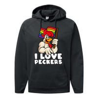 LGBT Rainbow Flag Rooster Pun I Love Peckers Gay Chicken Dad Performance Fleece Hoodie