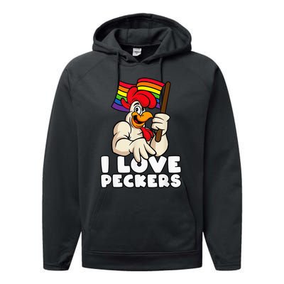 LGBT Rainbow Flag Rooster Pun I Love Peckers Gay Chicken Dad Performance Fleece Hoodie