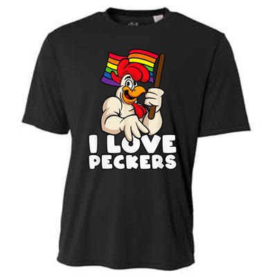 LGBT Rainbow Flag Rooster Pun I Love Peckers Gay Chicken Dad Cooling Performance Crew T-Shirt