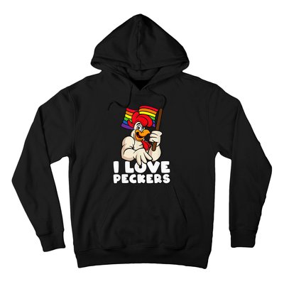 LGBT Rainbow Flag Rooster Pun I Love Peckers Gay Chicken Dad Hoodie