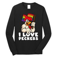 LGBT Rainbow Flag Rooster Pun I Love Peckers Gay Chicken Dad Long Sleeve Shirt