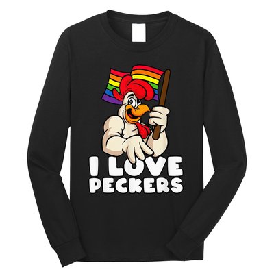 LGBT Rainbow Flag Rooster Pun I Love Peckers Gay Chicken Dad Long Sleeve Shirt