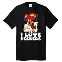 LGBT Rainbow Flag Rooster Pun I Love Peckers Gay Chicken Dad Tall T-Shirt