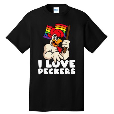 LGBT Rainbow Flag Rooster Pun I Love Peckers Gay Chicken Dad Tall T-Shirt