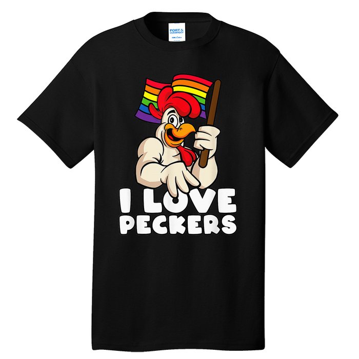 LGBT Rainbow Flag Rooster Pun I Love Peckers Gay Chicken Dad Tall T-Shirt