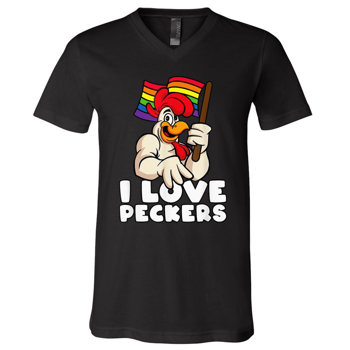 LGBT Rainbow Flag Rooster Pun I Love Peckers Gay Chicken Dad V-Neck T-Shirt