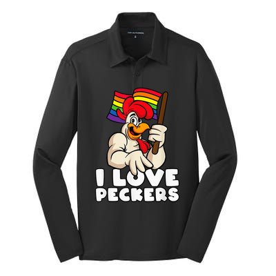 LGBT Rainbow Flag Rooster Pun I Love Peckers Gay Chicken Dad Silk Touch Performance Long Sleeve Polo