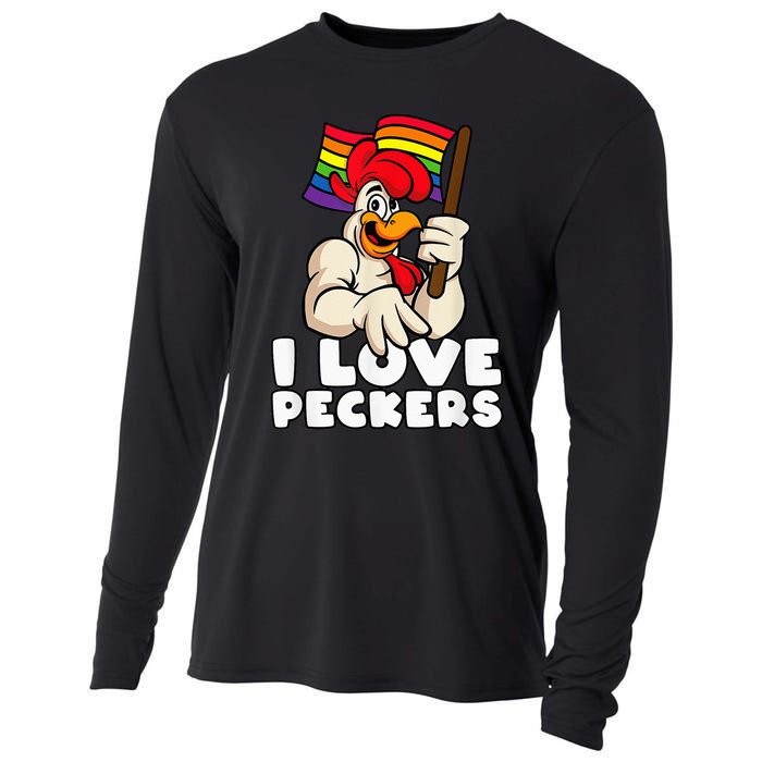 LGBT Rainbow Flag Rooster Pun I Love Peckers Gay Chicken Dad Cooling Performance Long Sleeve Crew