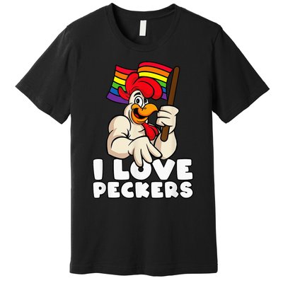 LGBT Rainbow Flag Rooster Pun I Love Peckers Gay Chicken Dad Premium T-Shirt