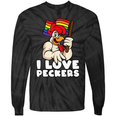 LGBT Rainbow Flag Rooster Pun I Love Peckers Gay Chicken Dad Tie-Dye Long Sleeve Shirt