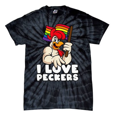 LGBT Rainbow Flag Rooster Pun I Love Peckers Gay Chicken Dad Tie-Dye T-Shirt