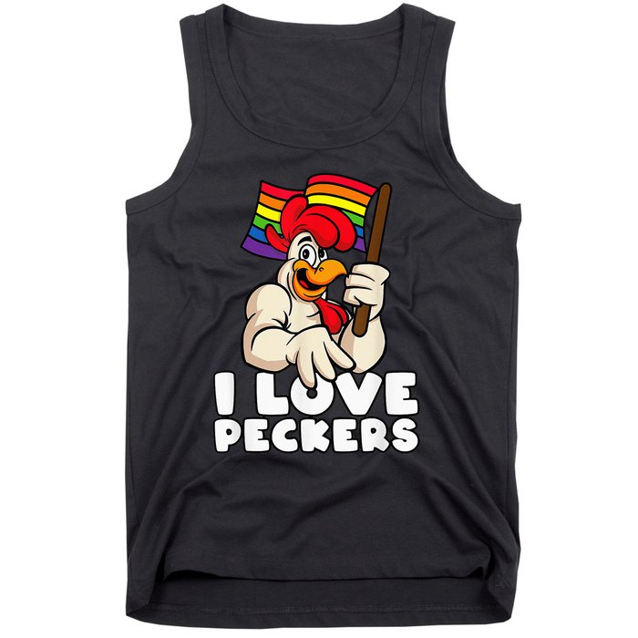 LGBT Rainbow Flag Rooster Pun I Love Peckers Gay Chicken Dad Tank Top