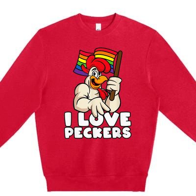 LGBT Rainbow Flag Rooster Pun I Love Peckers Gay Chicken Dad Premium Crewneck Sweatshirt