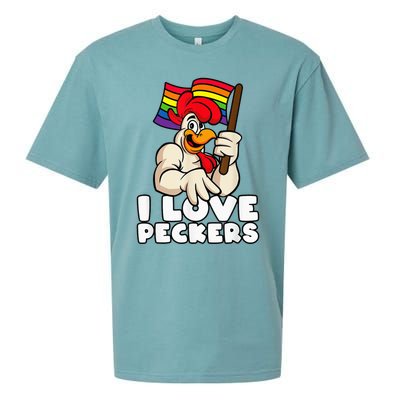 LGBT Rainbow Flag Rooster Pun I Love Peckers Gay Chicken Dad Sueded Cloud Jersey T-Shirt