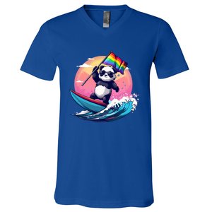 Lgbt Rainbow Flag Pride Lgbt Pride Month Surfing Bear Gift V-Neck T-Shirt