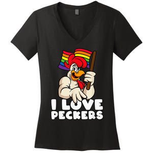 LGBT Rainbow Flag Rooster Pun I Love Peckers Gay Chicken Dad Women's V-Neck T-Shirt