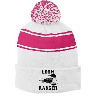Loon Ranger Funny Common Loon Bird Watching Stripe Pom Pom Beanie