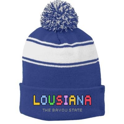 Louisiana Retro Gaming Pixelated Design Classic Stripe Pom Pom Beanie