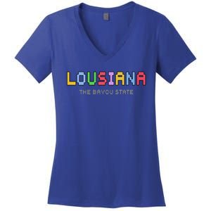 Louisiana Retro Gaming Pixelated Design Classic Women's V-Neck T-Shirt