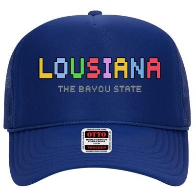 Louisiana Retro Gaming Pixelated Design Classic High Crown Mesh Back Trucker Hat