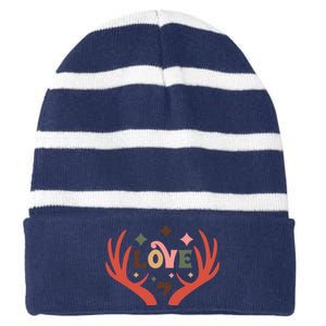 Love Reindeer Groovy Retro Valentine's Day Gift Striped Beanie with Solid Band