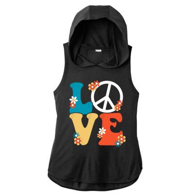 Love Retro Hippie Floral Peace Sign Ladies PosiCharge Tri-Blend Wicking Draft Hoodie Tank