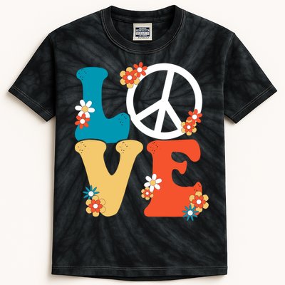 Love Retro Hippie Floral Peace Sign Kids Tie-Dye T-Shirt