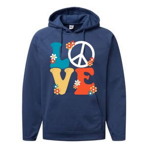 Love Retro Hippie Floral Peace Sign Performance Fleece Hoodie